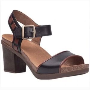 Dansko Debby Black Brown Trim Leather Block Heeled Sandals Sz 42/11.5-12